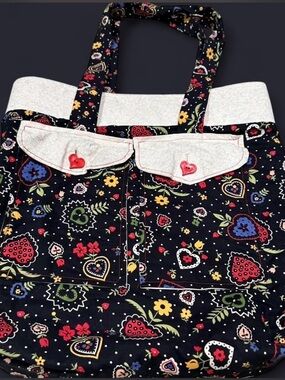 Source Unknown Black Floral Heart Print Tote with Cream Accents